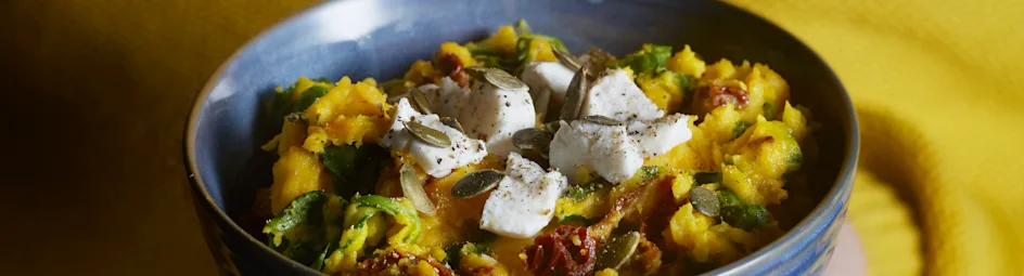 Pompoenstamppot met spinazie en geitenkaas