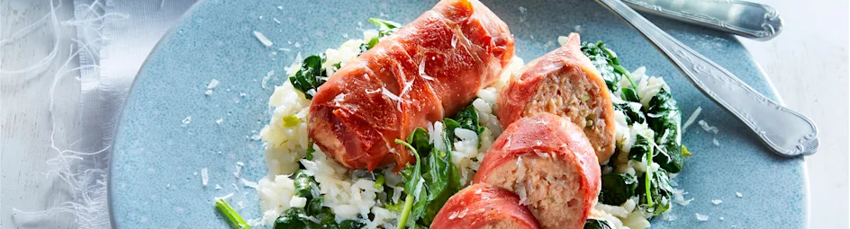 Zalmvinken op risotto met voorjaarsgroenten