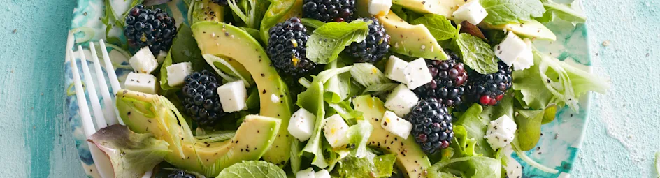 Groene salade met bramen, avocado en rodevruchtendressing