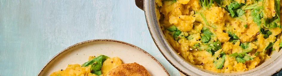 Pompoenstamppot met spinazie en krokante geitenkaas