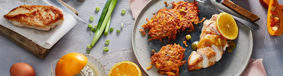 Pompoenrösti met kalkoen en sinaasappelsaus
