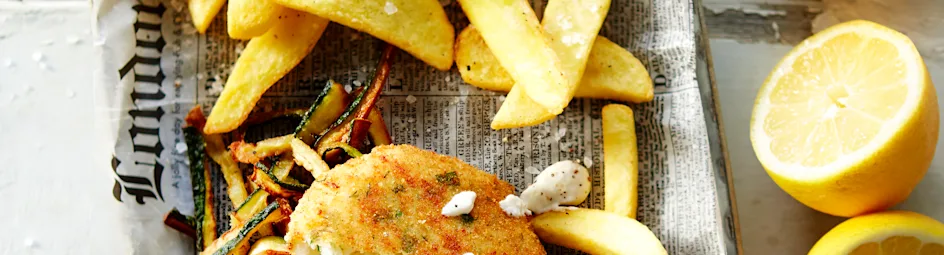 Viskoekjes met gefrituurde courgette en mierikswortelsaus