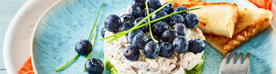 Taartje van gepocheerde kip met avocado en blauwe bessen