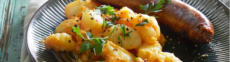 Romige gnocchi met zoete aardappel en saucijsjes