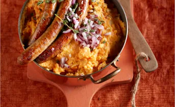 Zoete-aardappelstamppot met knolselderij, appel en tijm