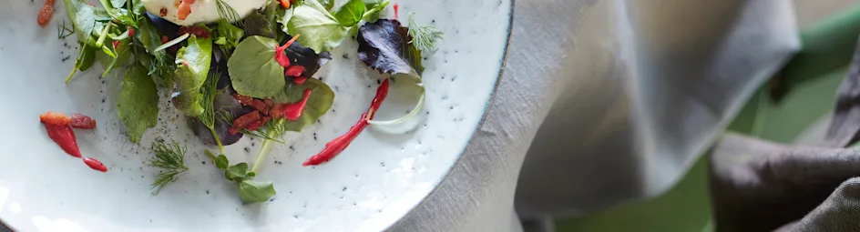 Salade met geitenkaasmousse, spekjes en frambozenvinaigrette