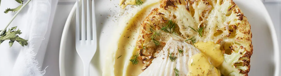 Kabeljauw met geroosterde bloemkool op aardappelmousseline