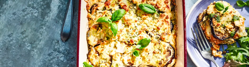 Aubergineschotel met zoete aardappel