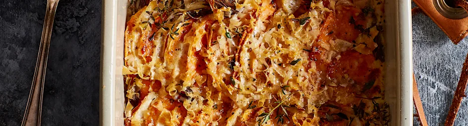 Gratin van zoete aardappel en knolselderij