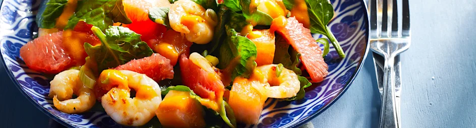 Garnalensalade met meloen en paprikadressing