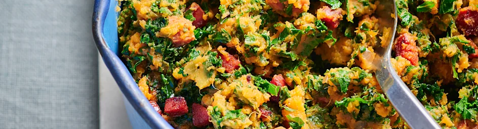 Roerbakstamppot van boerenkool en zoete aardappel