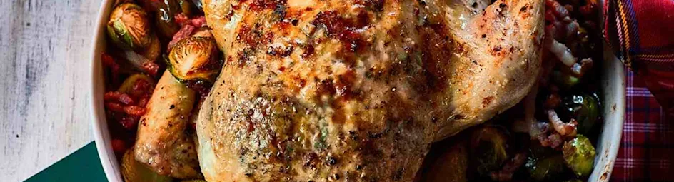 Geroosterde citroenkip met spruitjes en spekjes