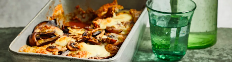 Paddenstoelenlasagne met linzenragout en aubergine