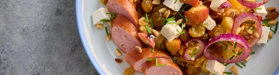 Pompoenstamppot met appel, rozijn en rookworst