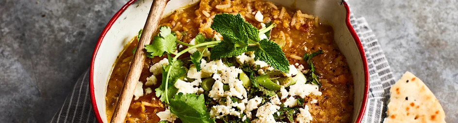 Linzensoep met pompoen en feta