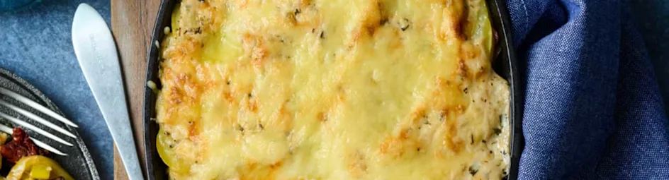 Aardappelgratin met prei en kastanjechampignons