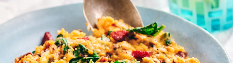 Zoete-aardappelstamppot met spinazie en chorizo