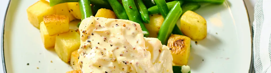 Kabeljauw met mosterdsaus en sperziebonen