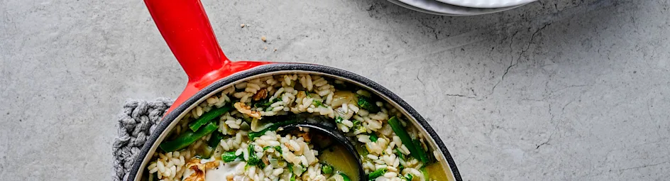Andijvierisotto met sperziebonen en walnoten