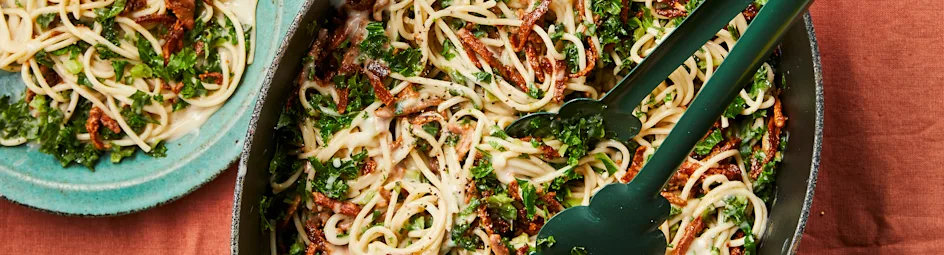 Pasta carbonara met boerenkool