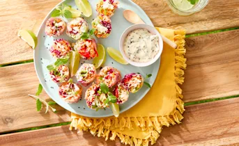 Springrolls met rivierkreeft, rodekool & sesammayonaise