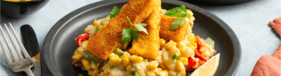 Maïs-stamppot met paprika en vissticks