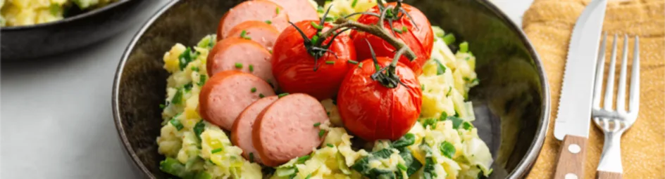 Preistamppot met vega rookworst en tomaatjes