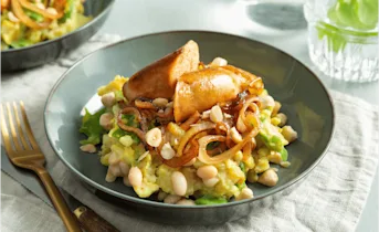 Grove lente stamppot met snijbonen en kipchipolata’s