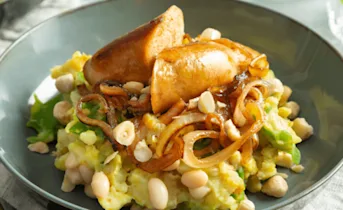 Grove lente stamppot met snijbonen en kipchipolata’s