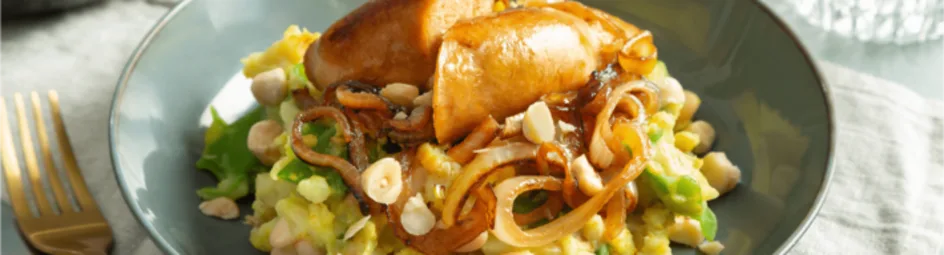 Grove lente stamppot met snijbonen en kipchipolata’s