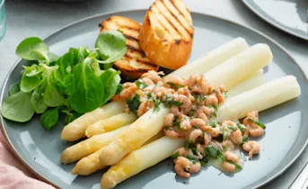 Witte asperges met Hollandse garnalen in botersaus
