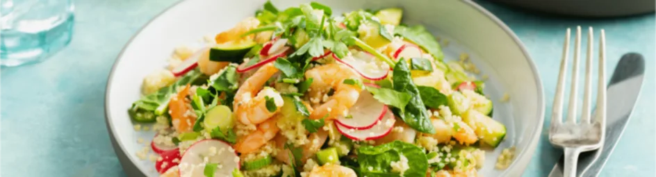 Cousous salade met gewokte garnalen en chorizo