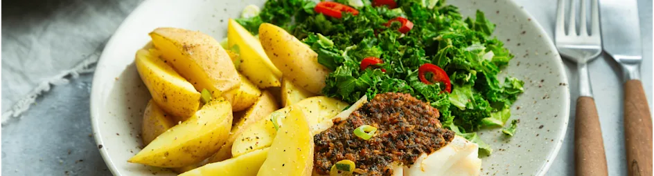 Kabeljauwfilet met rode pesto en roergebakken boerenkool