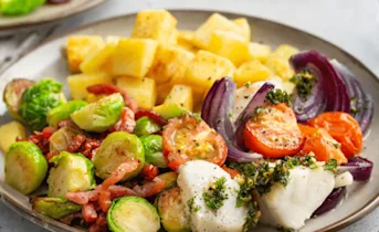 Kabeljauw uit de oven met gekarameliseerde spruitjes