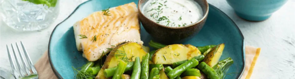 Kabeljauw met sperziebonen, aardappelen en dillesaus