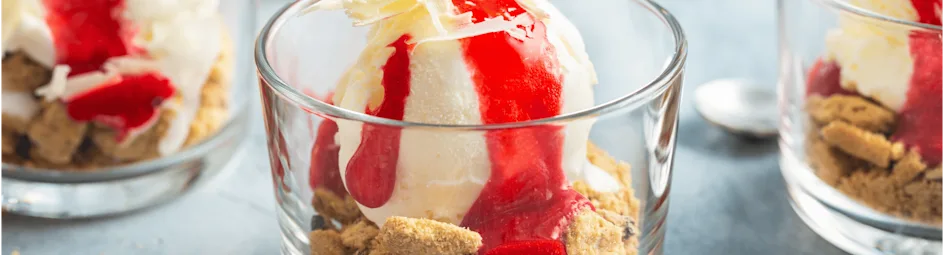 Vegan vanille ijs met huisgemaakte frambozensaus