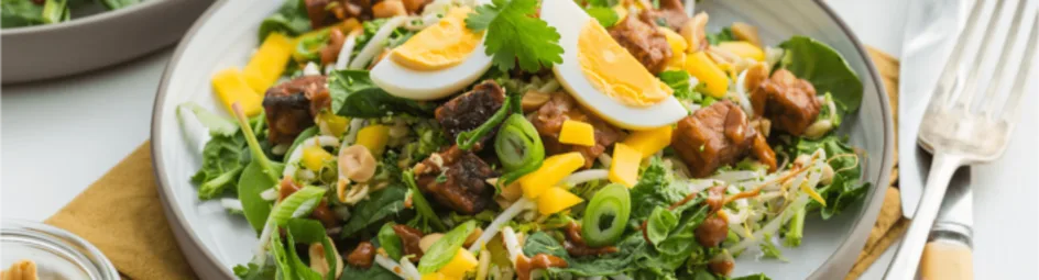 Broccoli-rijst salade met tempeh en pinda-dressing