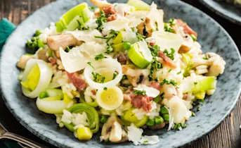 Romige prei-risotto met champignons en bacon