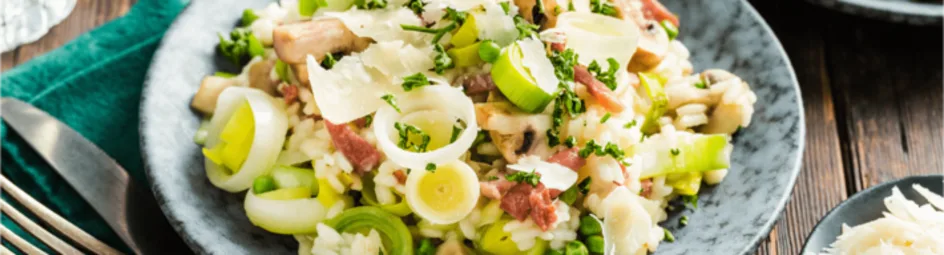 Romige prei-risotto met champignons en bacon
