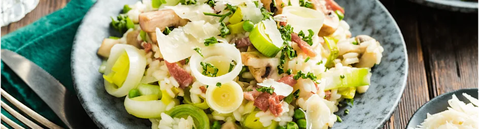 Romige prei-risotto met champignons en bacon