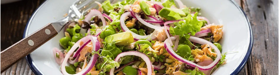 Maaltijdsalade met pasta en pulled salmon