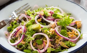 Maaltijdsalade met pasta en pulled salmon