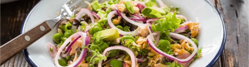 Maaltijdsalade met pasta en pulled salmon