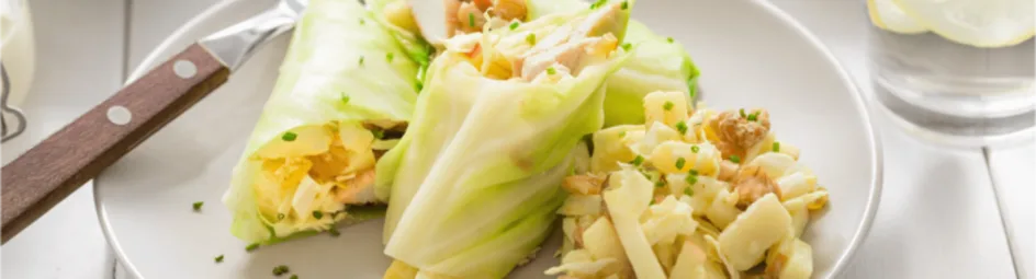 Groene wraps van spitskool met appel en kip
