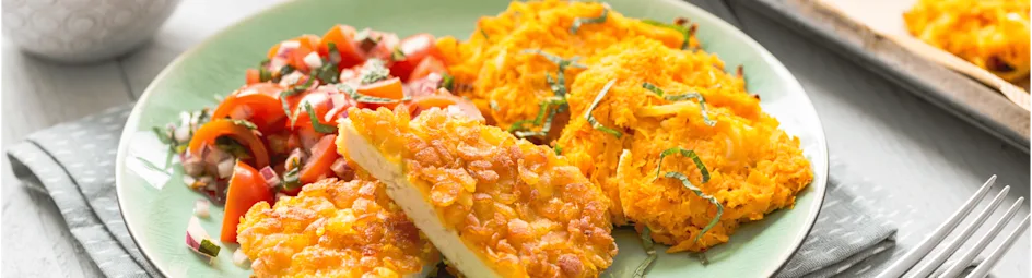 Kipschnitzels met zoete aardappelrösti en tomatensalade