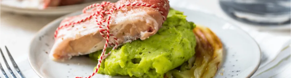 Kabeljauw met ham en venkel-doperwtenpuree