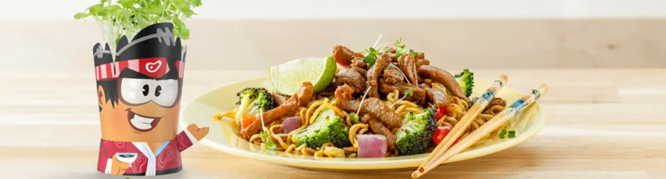 Aziatische roerbak met gemarineerde varkensreepjes en kiemen