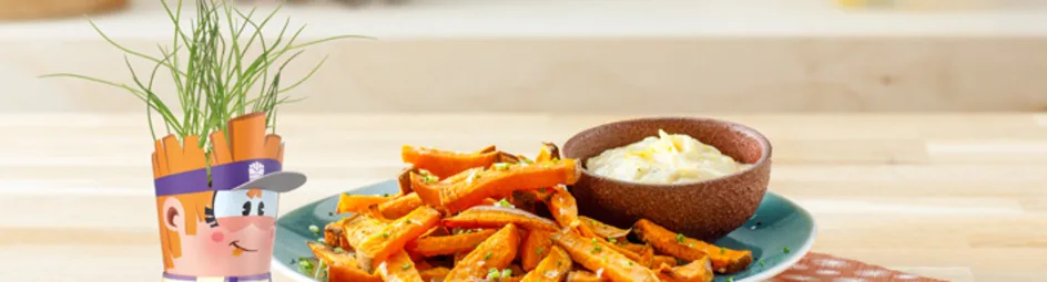 Zoete aardappelfrietjes met citroenmayonaise