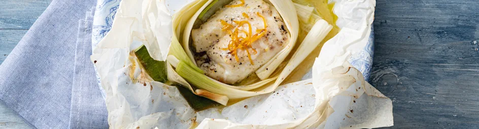 Kabeljauw in prei met vanillesinaasappelaroma