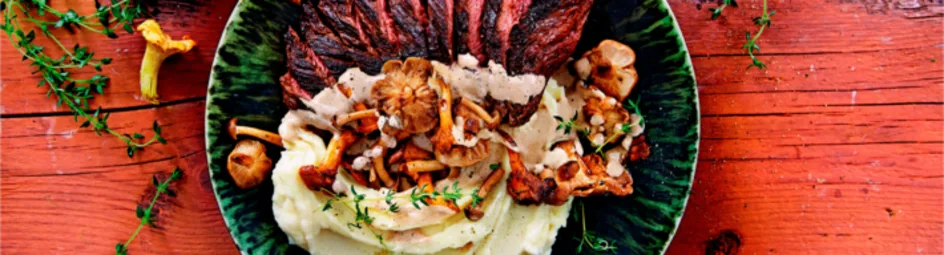 Aardappelpuree met gegrilde bavette en paddenstoelen-mascarponesaus